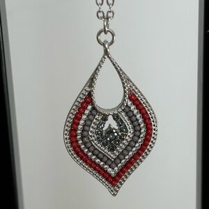 Charming Charlie red & gray beaded pendant necklace/ silver tone chain